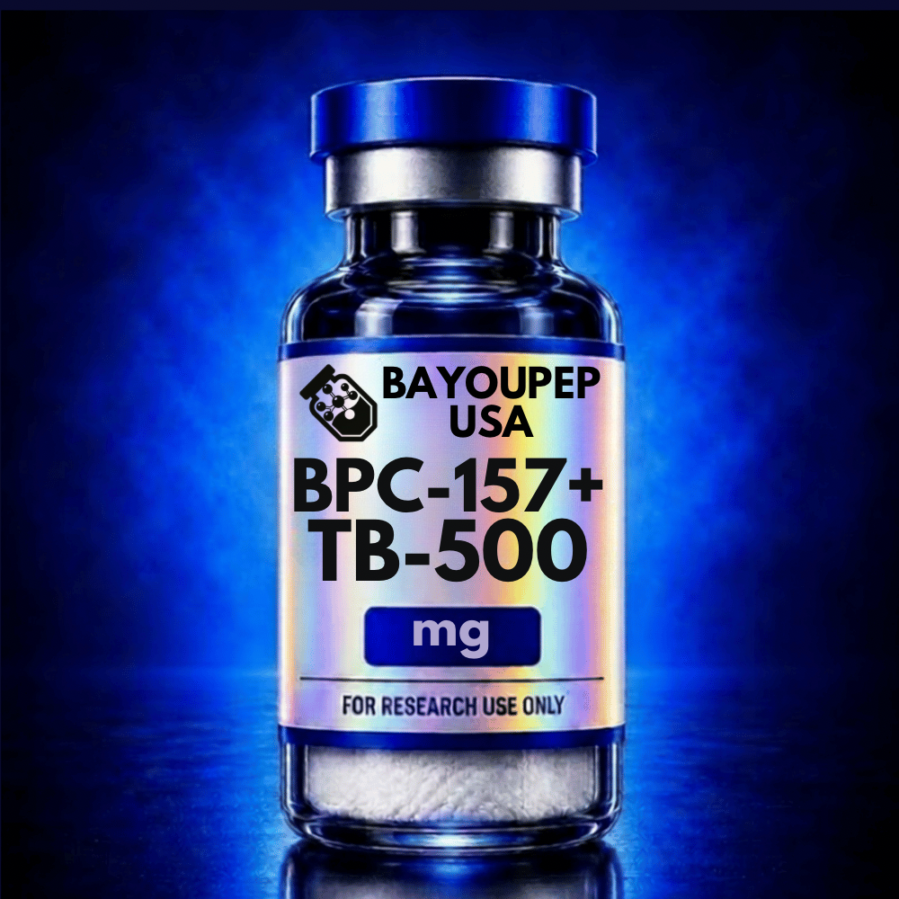 Bottle labeled BPC-157+ TB-500 with 'BayouPEP USA' brand on a blue background, 'mg' and 'For research use only' text visible.