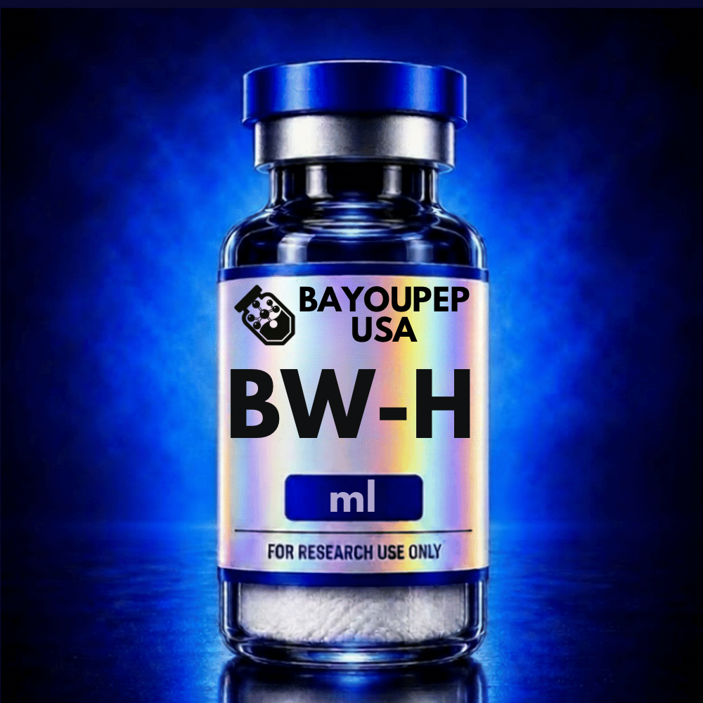 Blue glass bottle labeled BW-H from BayouPep USA against a blue gradient background, with 'For Research Use Only' on the label
