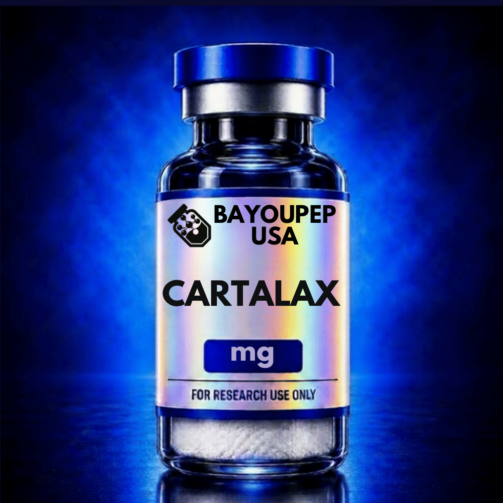 Blue-capped glass vial with a holographic CARTALAX label reading 'mg' and 'For Research Use Only' from BAYOUPEP USA, set against a blue background.