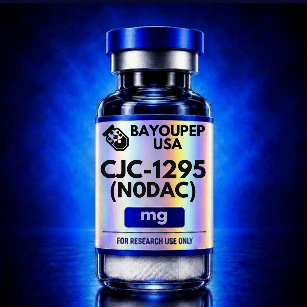 Research-use-only bottle labeled CJC-1295 (NODAC) by BayouPep USA, showing 'mg' dose on holographic label.