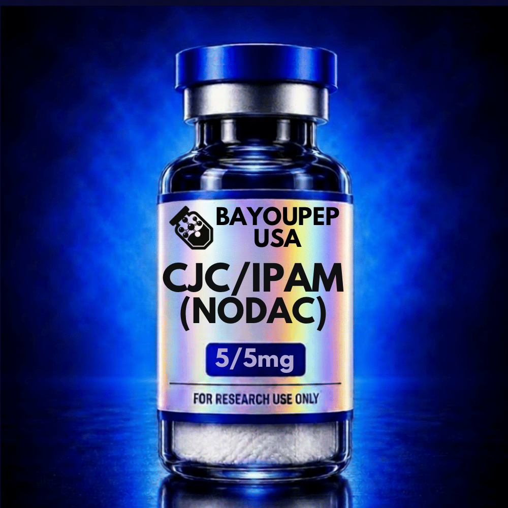 Blue glass vial with a holographic label reading CJC/IPAM (NODAC), 5/5mg, from Bayoupep USA, for research use only.