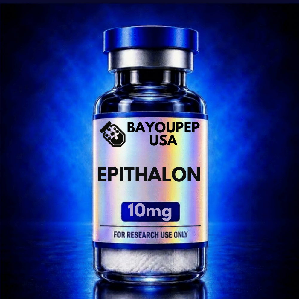 Blue research bottle labeled Epithalon 10mg with 'For Research Use Only' text on a gradient label.