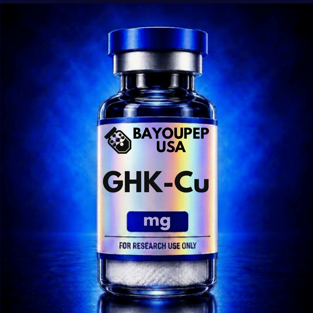 Blue glass vial labeled GHK-Cu for research use only, with BayouPep USA branding visible in a blue-toned glow