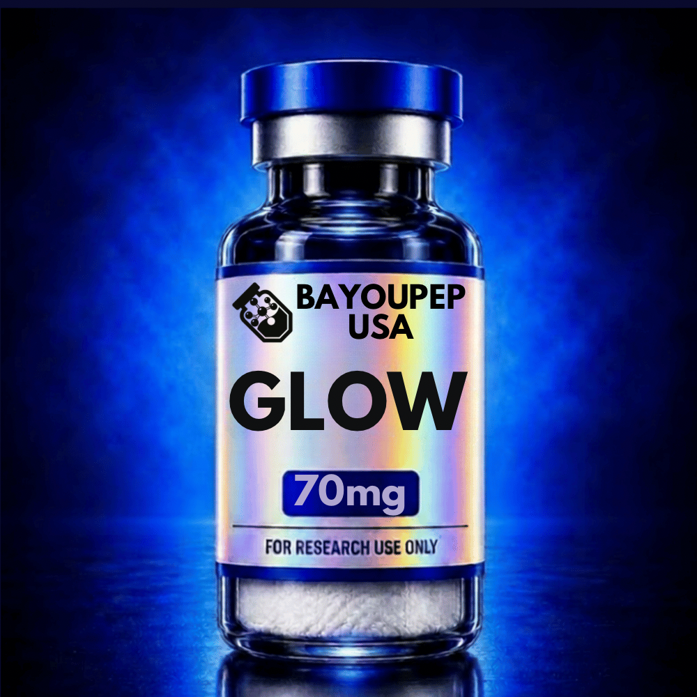 Blue glass vial labeled 'GLOW' with '70mg' and 'FOR RESEARCH USE ONLY' against a blue gradient background (BayouPep USA branding).