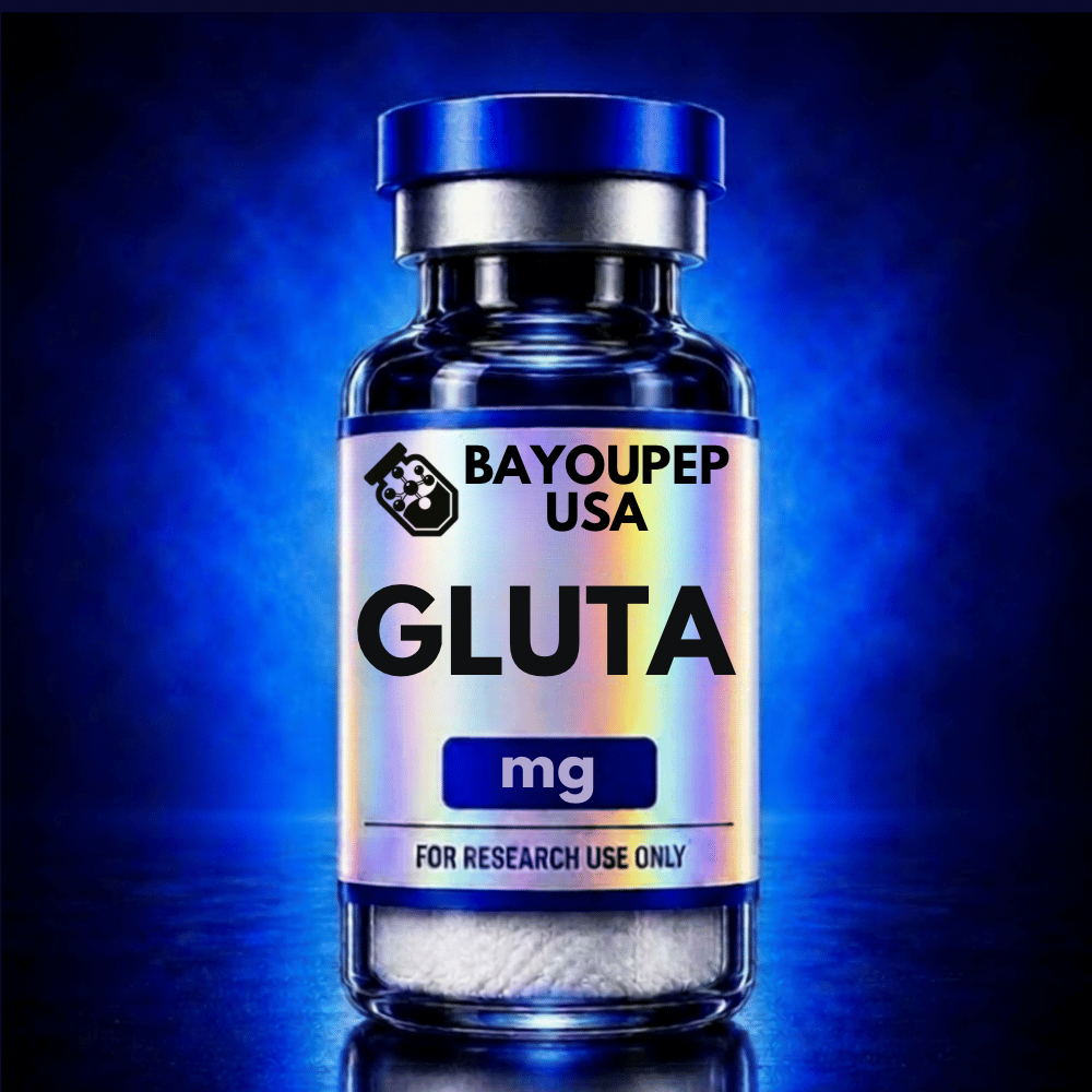 Blue glass medicine bottle labeled GLUTA mg with 'FOR RESEARCH USE ONLY' on a blue reflective surface; BayouPEP USA logo visible.