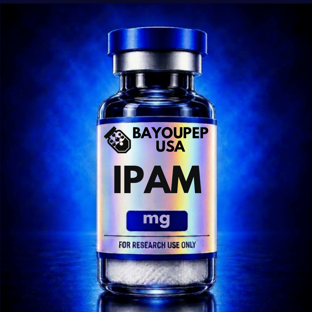 Blue glass vial labeled IPAM mg, Bayoupep USA, for research use only.