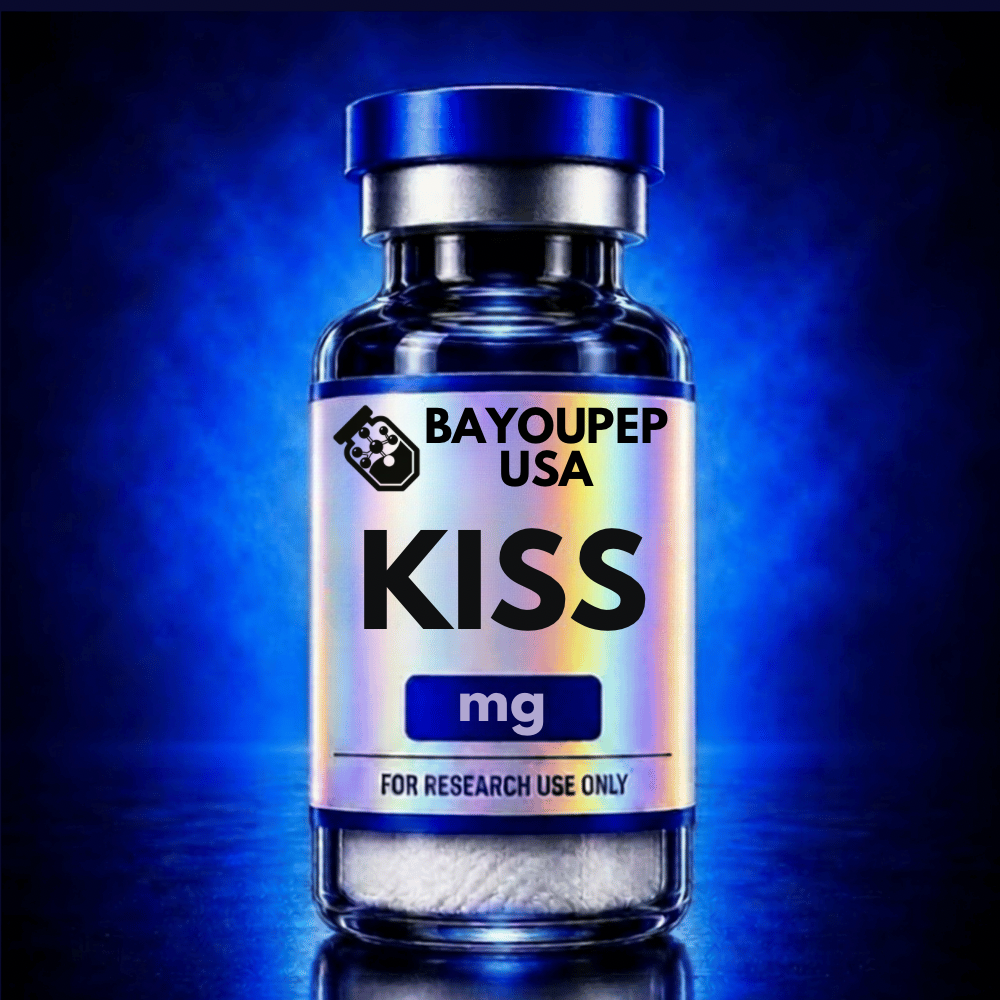 Blue glass vial with a metallic cap, label reads 'KISS mg' and 'FOR RESEARCH USE ONLY' with a BayouPEP USA logo on a blue gradient background.