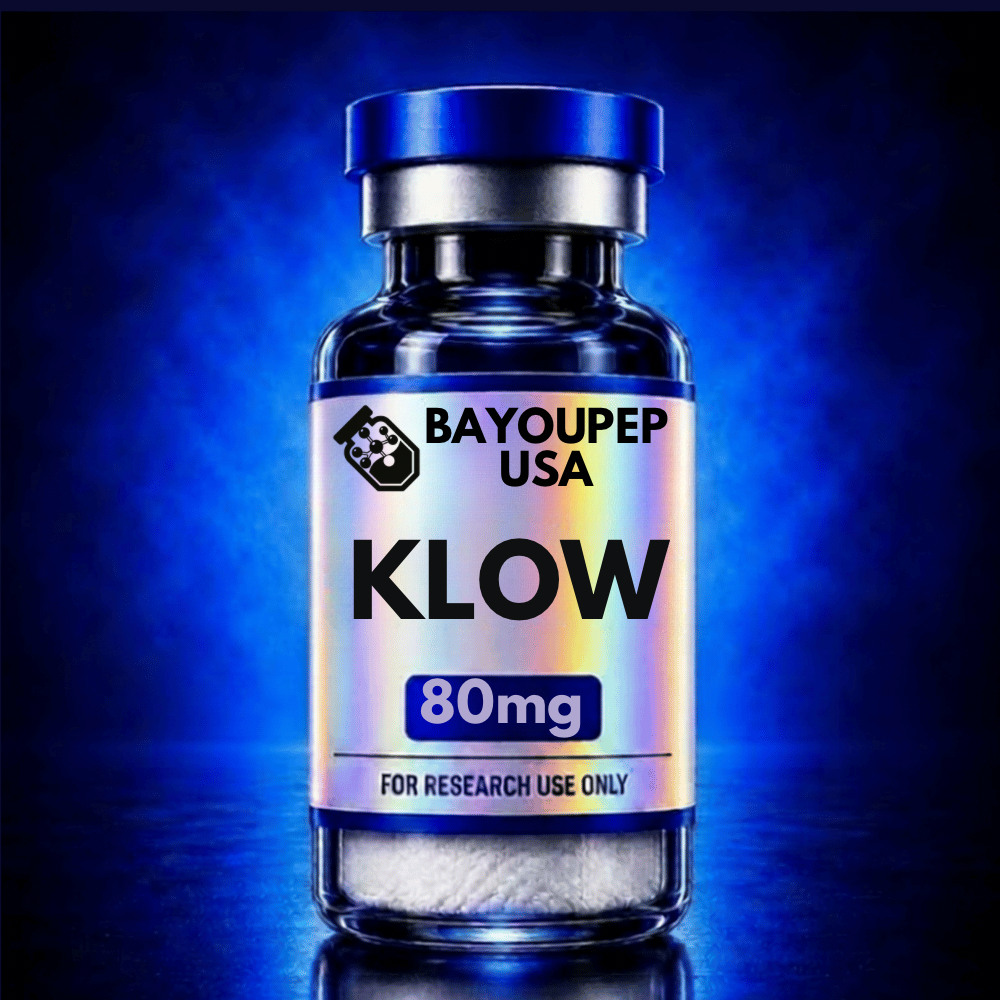 Blue glass bottle with blue cap labeled KLOW 80 mg, BAYOUPEP USA, For Research Use Only
