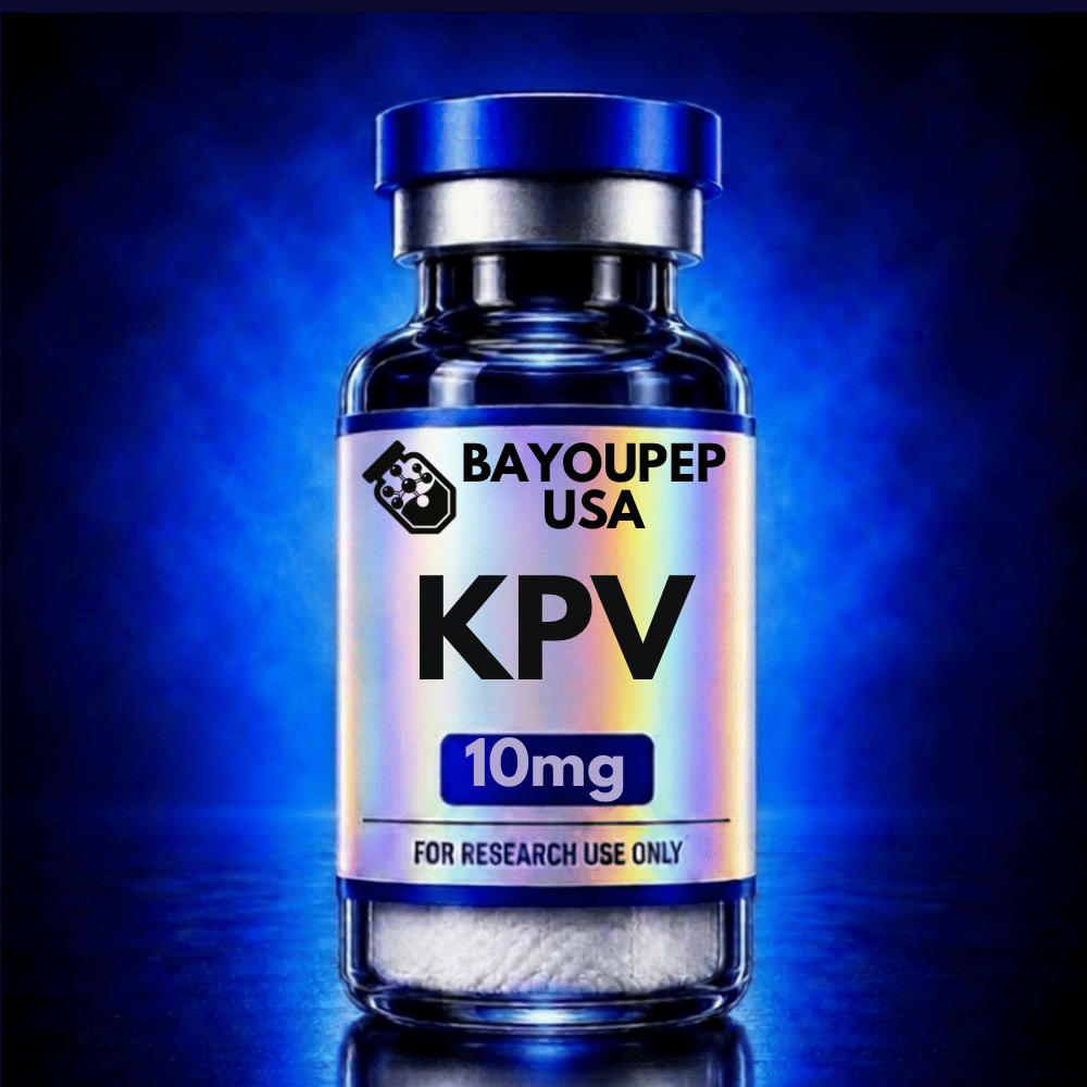 Blue glass vial labeled KPV, 10 mg, from BayouPep USA; for research use only.