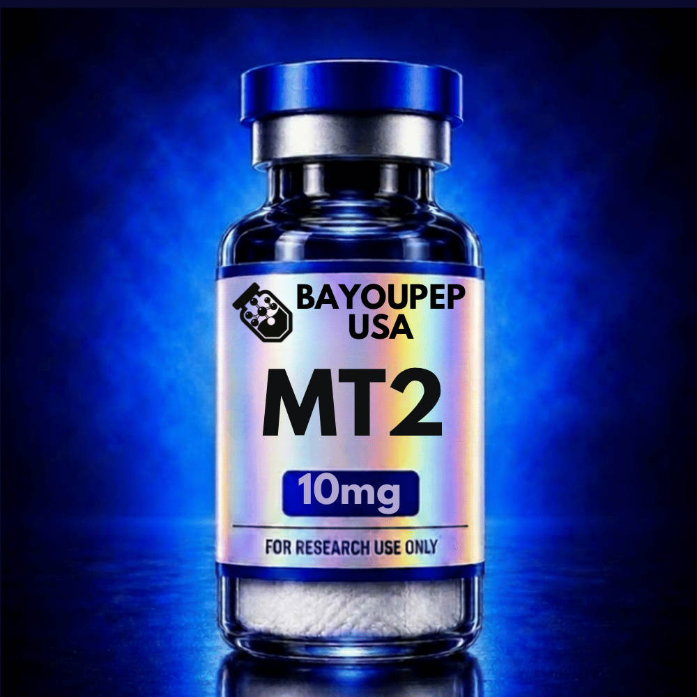 Bottle of MT2 with 10mg label, marked For Research Use Only, against a blue gradient background.