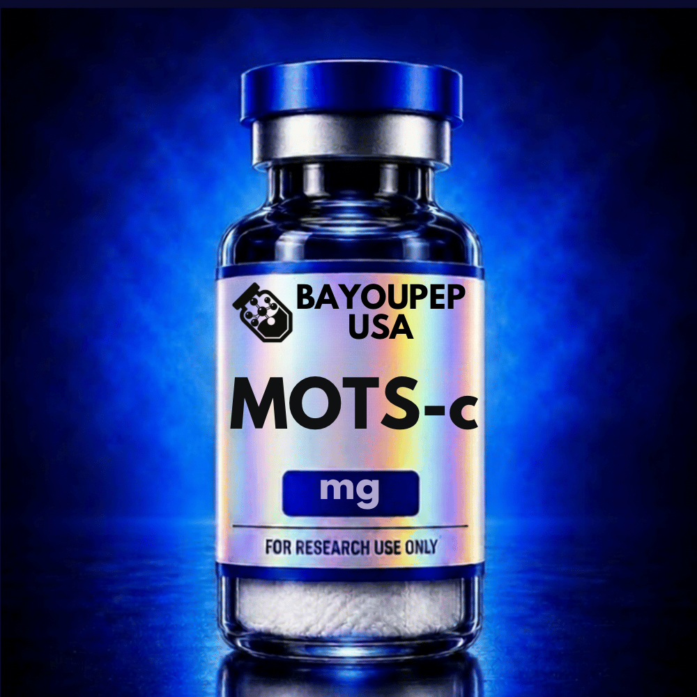 Blue-toned bottle labeled MOTS-c from BayouPep USA, marked For Research Use Only.