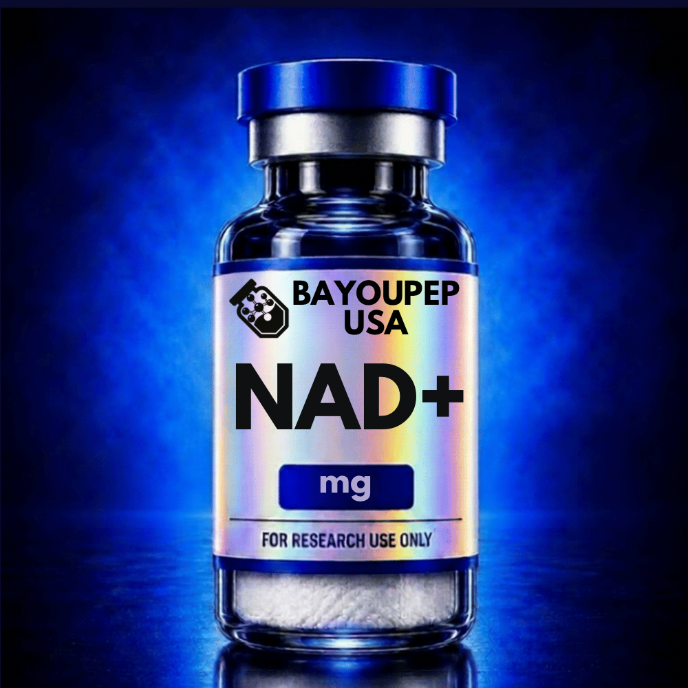 Vial of NAD+ with a blue cap, iridescent label reading 'BAYOUPEP USA' and 'NAD+ mg'—for research use only.