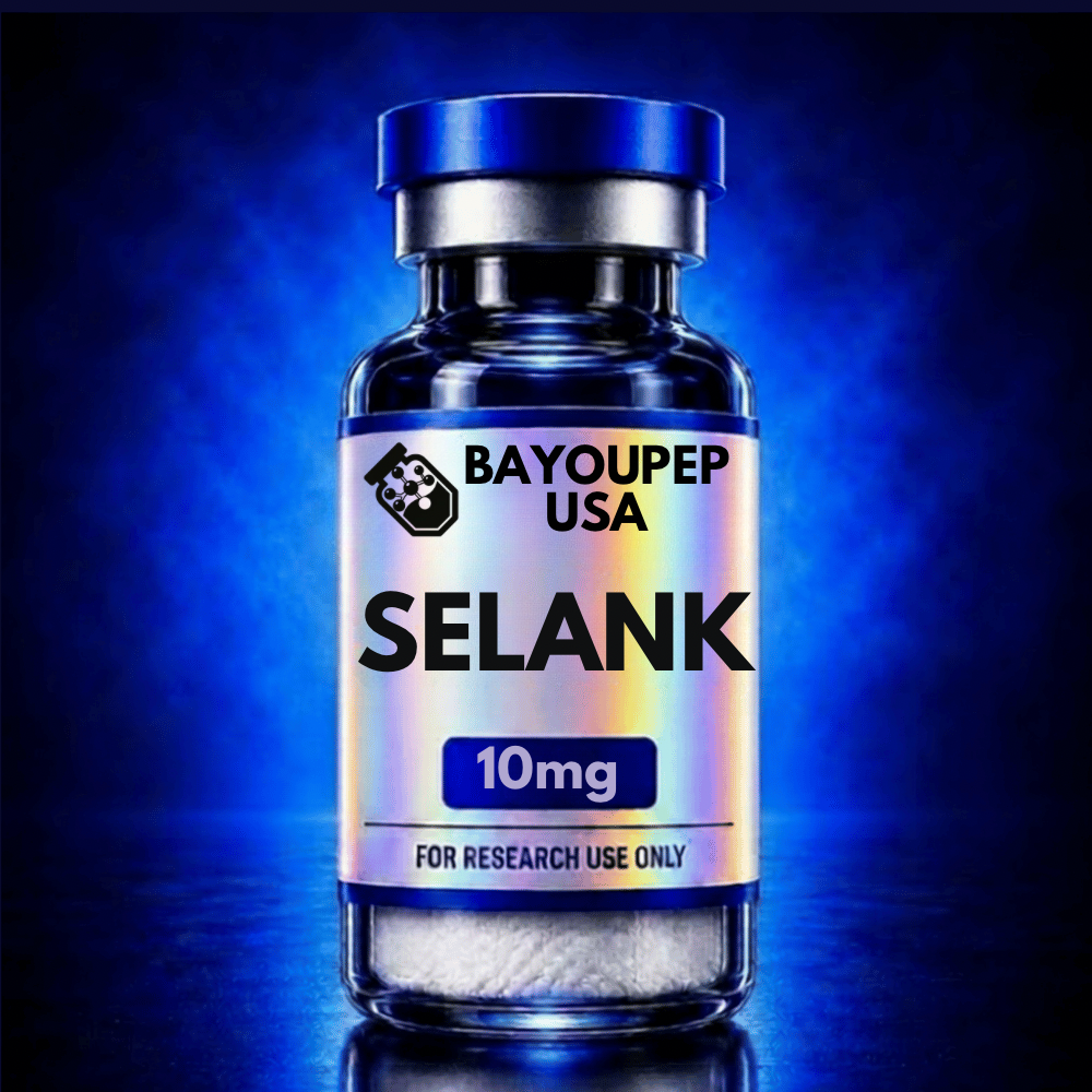 Blue-capped glass vial labeled Selank 10 mg for research use only, Bayoupep USA, against a blue gradient background