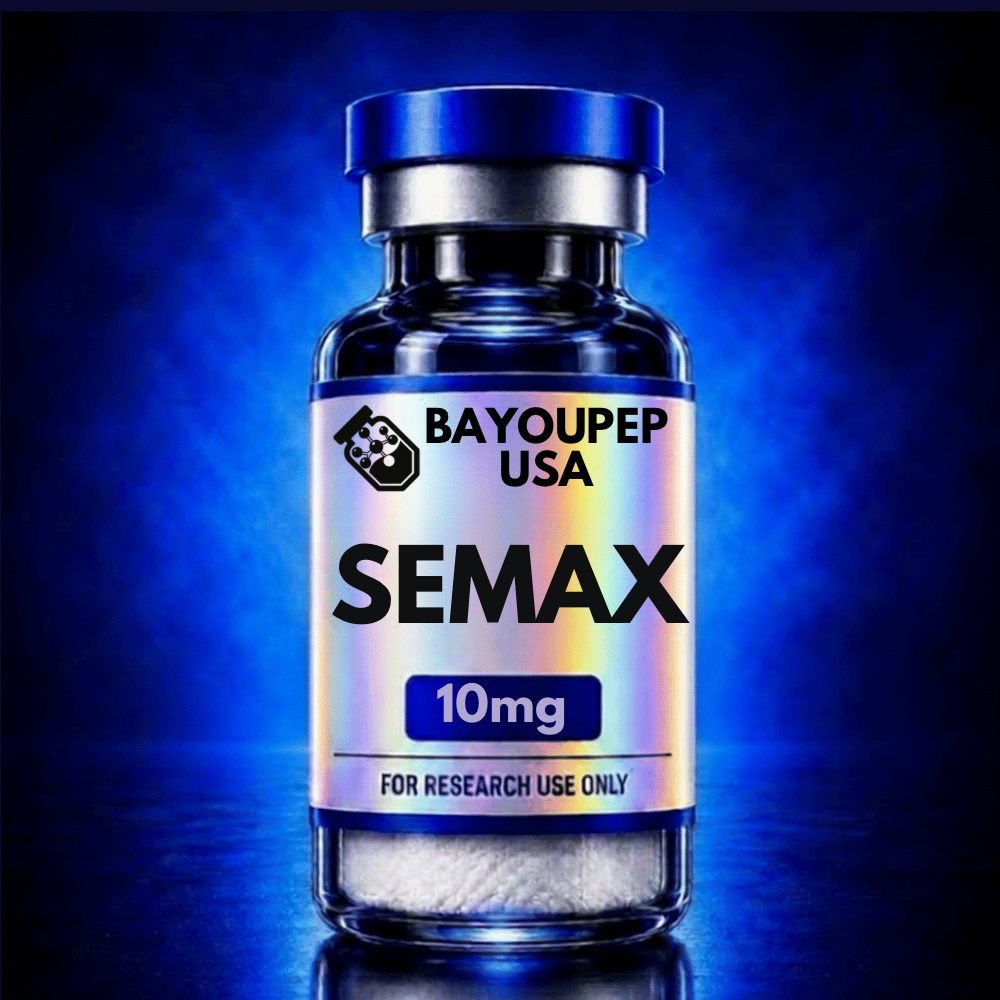 Blue glass bottle labeled SEMAX, 10 mg, with 'For Research Use Only' from BayouPEP USA, blue backdrop.
