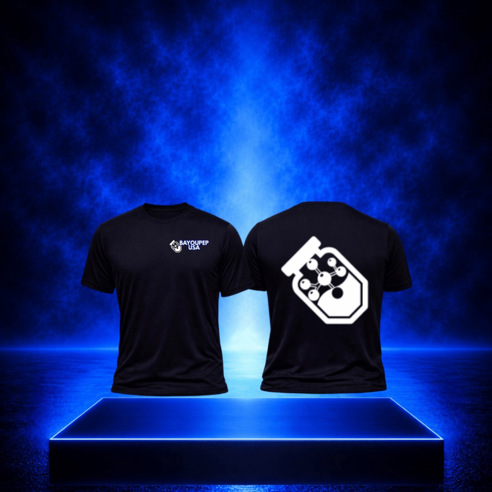 Two black T-shirts on a glowing blue platform; left shirt shows 'BAYOUPEP USA' logo, right shirt has a white geometric badge on the back.