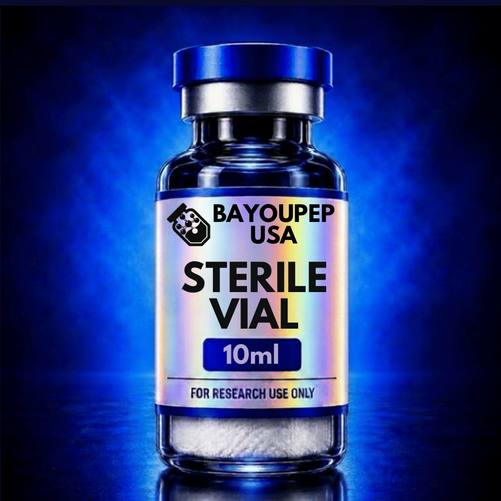 Sterile 10 ml vial labeled BayouPEP USA for research use only, blue-toned background