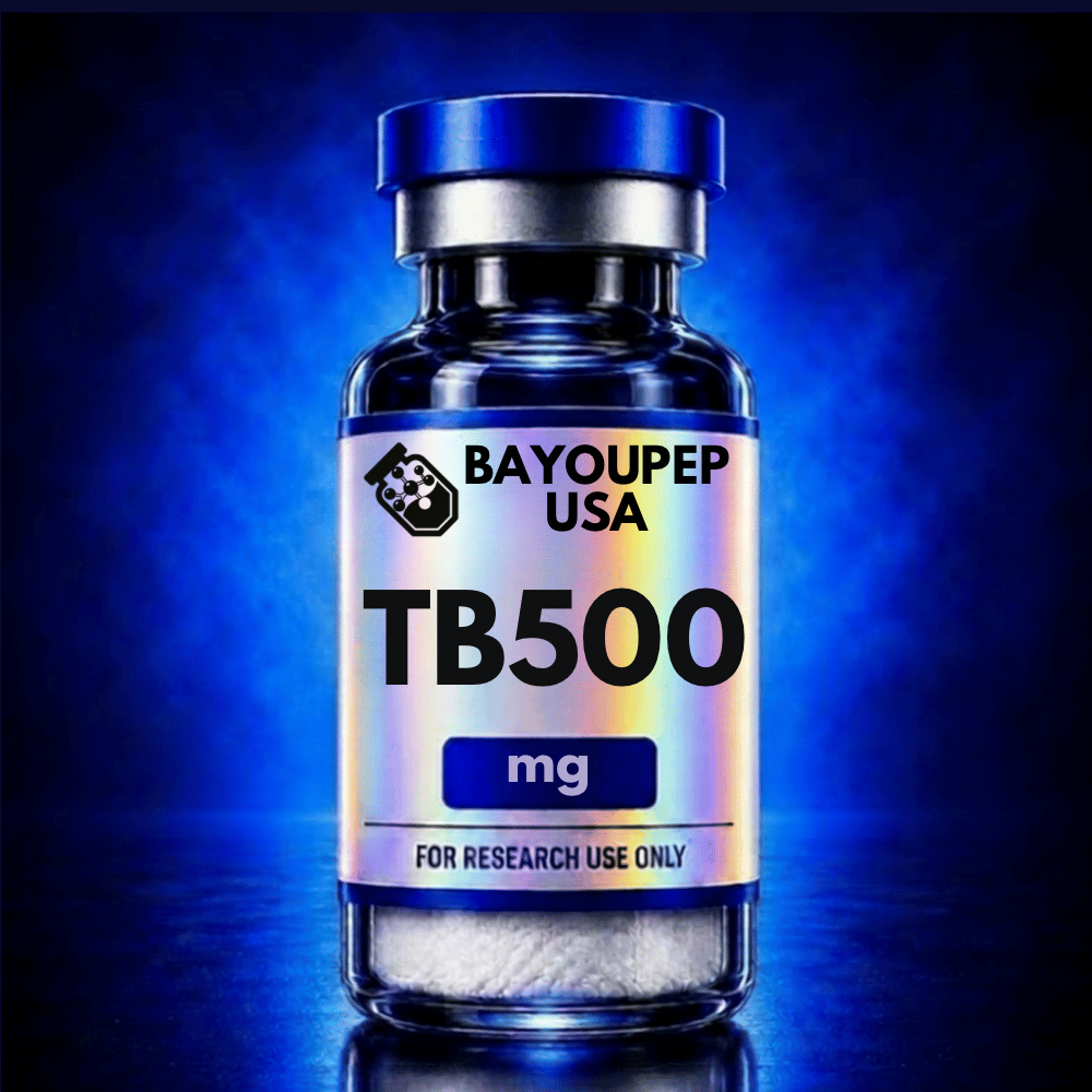 Blue glass vial with a blue cap, labeled TB500 mg, BayouPep USA branding, and 'FOR RESEARCH USE ONLY' on a holographic label.