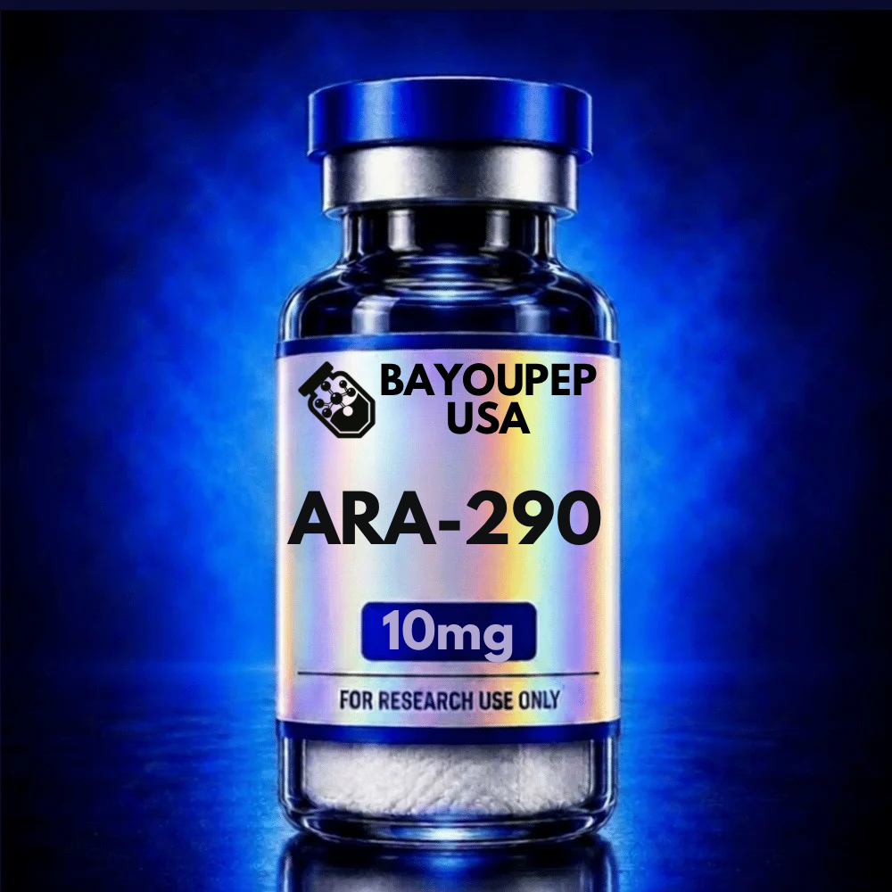 Blue glass vial labeled BAYOUPEP USA with ARA-290 10mg, for research use only, set against a blue gradient background.