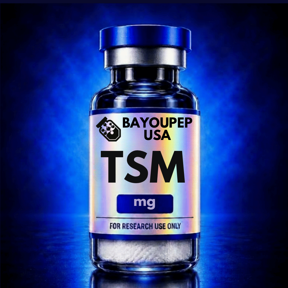 Blue glass vial with a holographic label saying 'TSM mg' and 'For Research Use Only' on a reflective surface, BayouPep USA logo above.