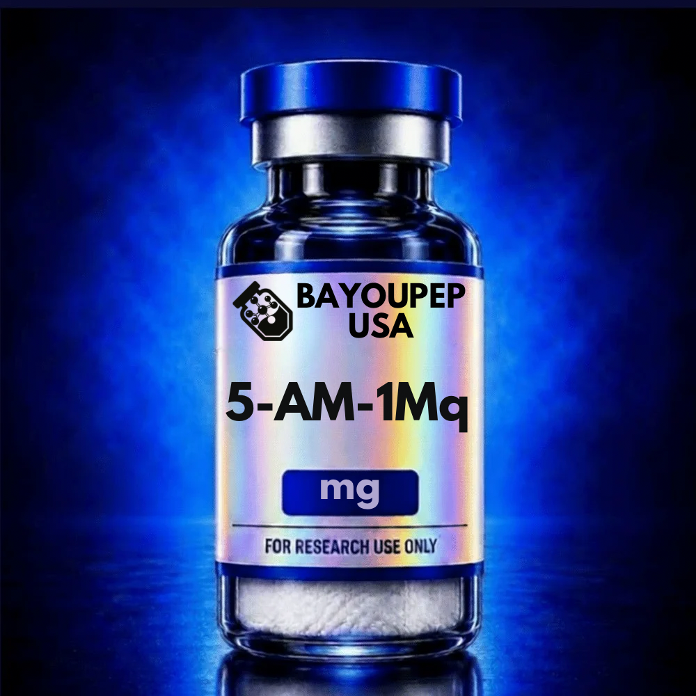 Blue-capped pharmaceutical bottle labeled BAYOUPEP USA with '5-AM-1Mq mg' and 'FOR RESEARCH USE ONLY' on a holographic label, for lab use only.