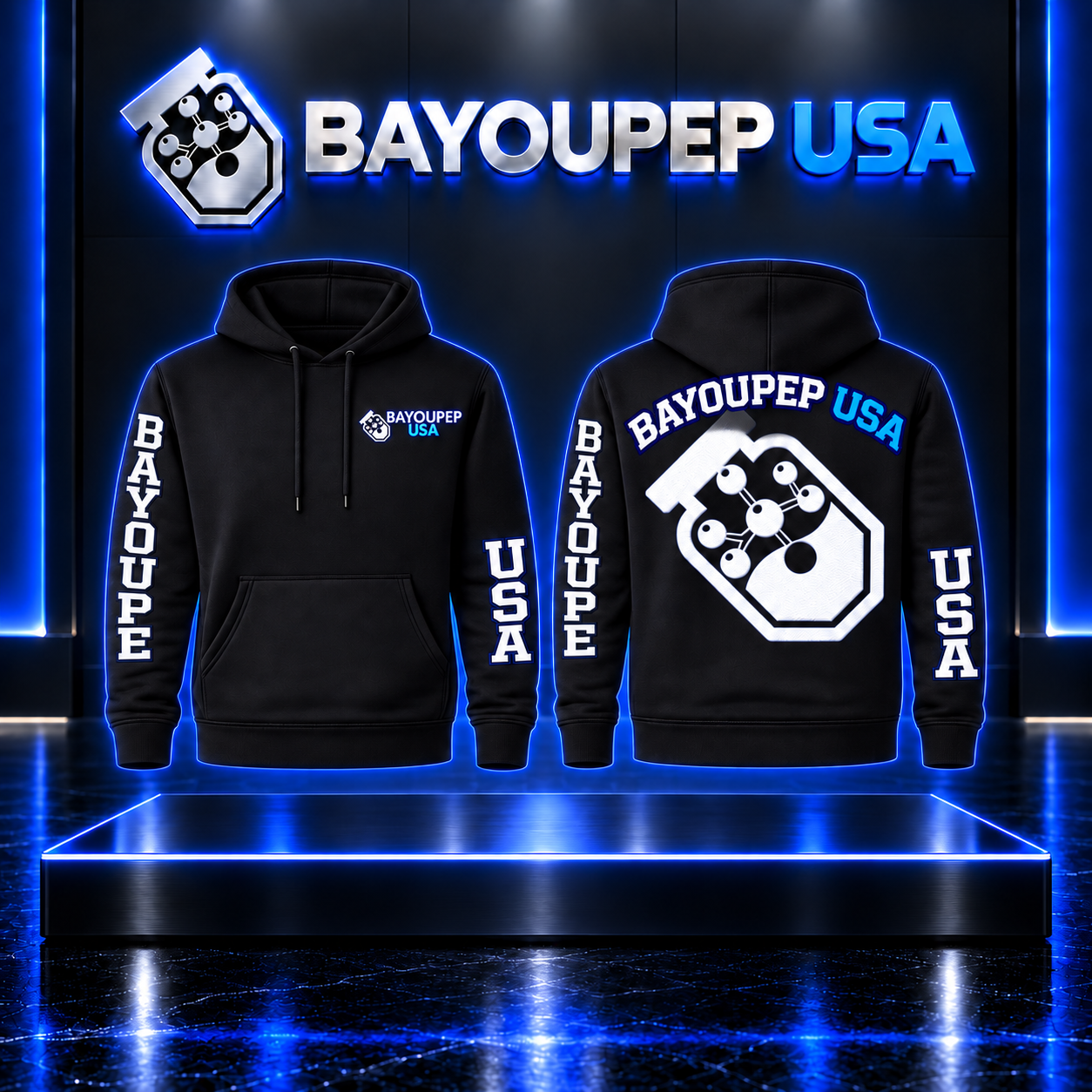 Front view of a black Bayoupep USA hoodie with a small chest logo, neon-lit display behind it.