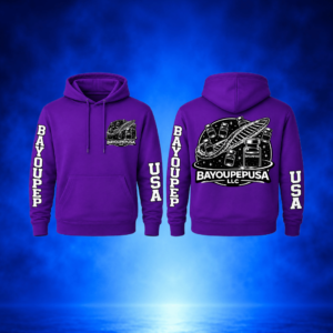 Two purple Bayou PPE USA hoodies shown from front and back, featuring a large black-and-white logo and 'USA' lettering on the sleeves.