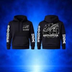 Two black hoodies with white BayouPEUSA branding; sleeves read BAYOUPEUSA and small chest logo on the front left; back features a large monochrome logo with a film reel and bottles surrounding the BAYOUPEUSA LLC text.