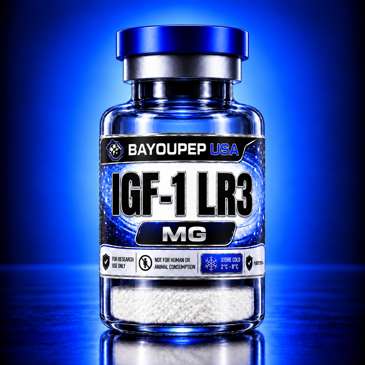 Blue glass bottle labeled IGF-1 LR3 MG with pellets visible at the bottom on a blue gradient background, product image.