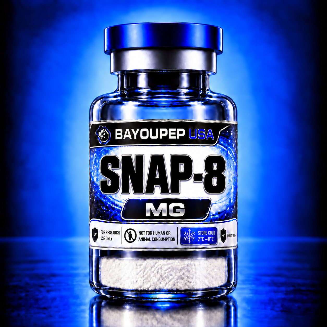 Blue glass supplement bottle labeled SNAP-8 MG from BayouPep USA, with a blue-and-black design and cold-storage warning on the label (for research use only).