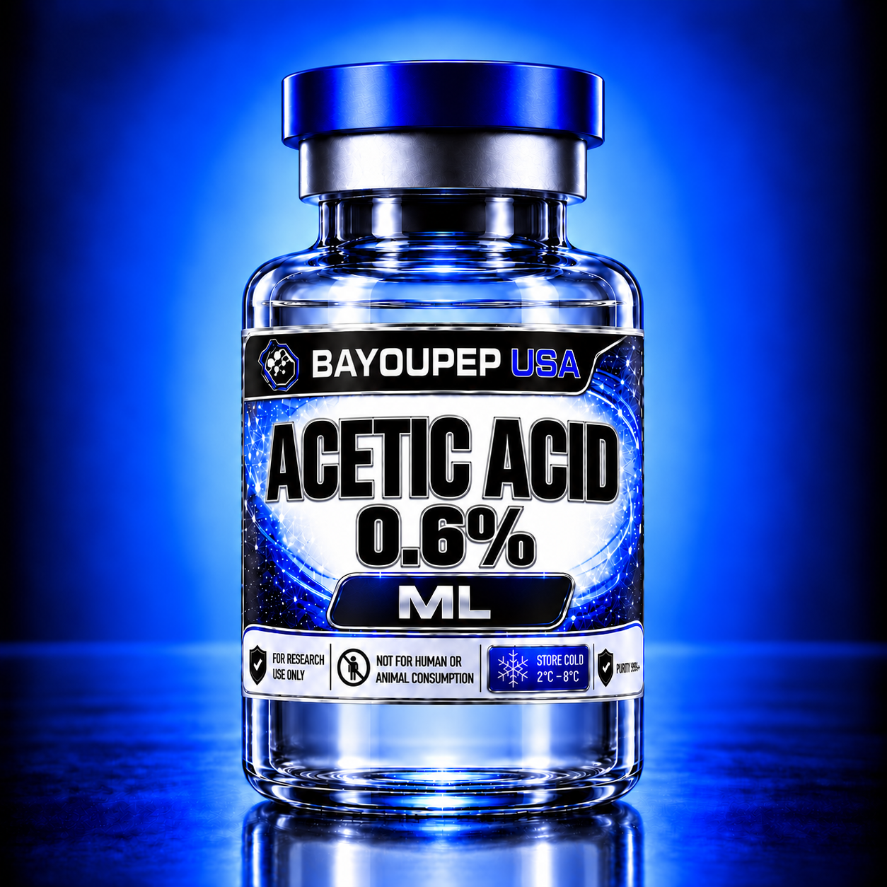 Blue-tinted glass bottle labeled "ACETIC ACID 0.6%" for research use only, with safety icons and cold-storage notes
