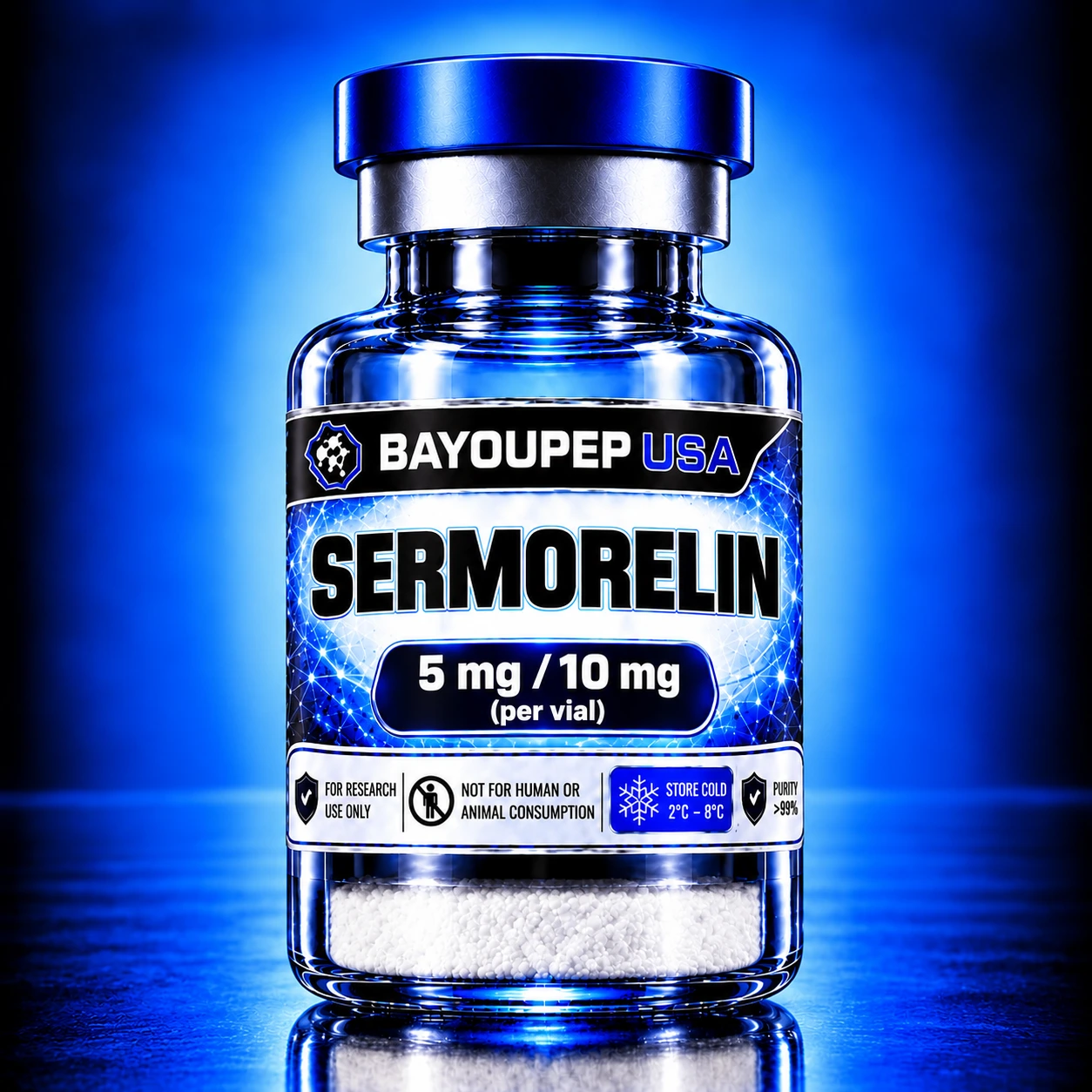 Blue glass vial labeled SERMORELIN with 5 mg / 10 mg per vial, branded Bayoupep USA, for research use only.